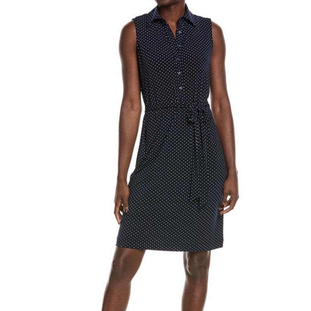 Brooks Brothers Navy Blue And White Dots Collared Button Down Dress